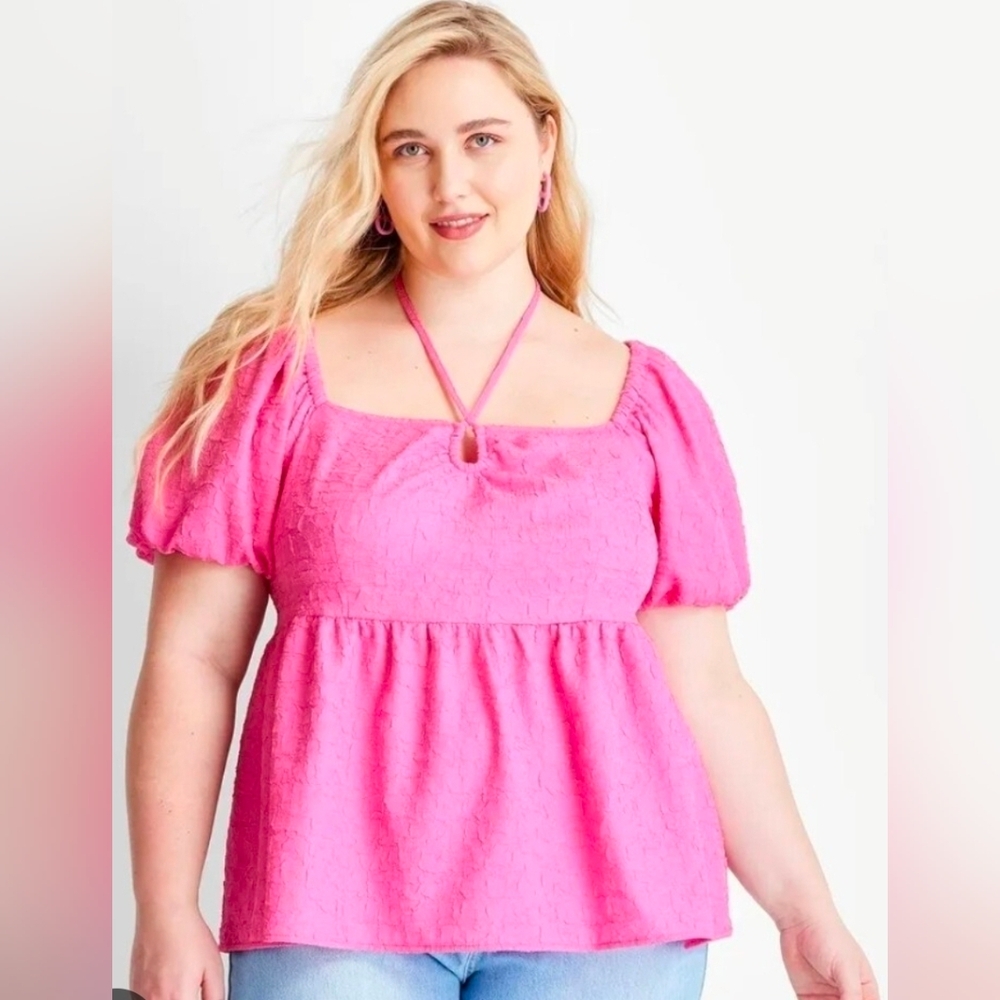 Future Collective Pink Textured Puff Sleeve Peplum Tie-Neck Top 1X